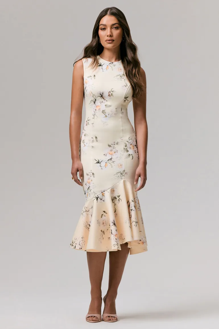 Priceless | Lemon Print High-Neck Fishtail Midi Dress