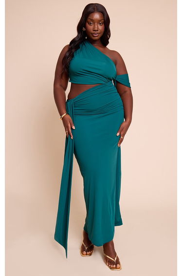 Plus Teal Soft Touch Ruched Asymmetric Cut Out Maxi Dress