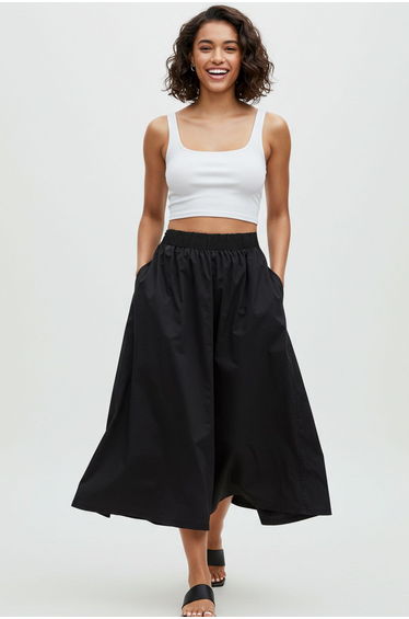 Black Flared Midaxi Elastic Waist Skirt