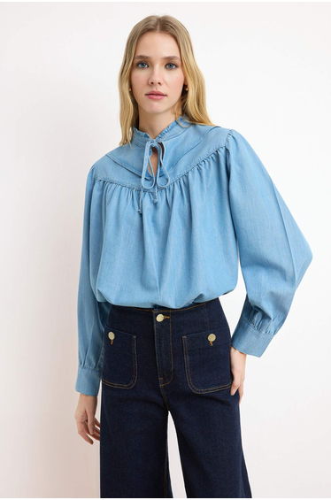 Blue 100% Tencel Collar Tie Detail Relaxed Fit Denim Blouse product thumbnail 4