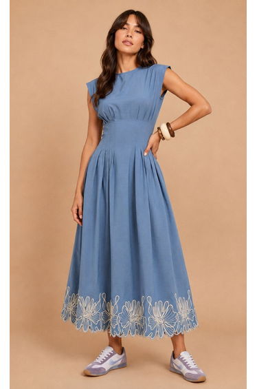 Blue Sleeveless Embroidered Midi Dress