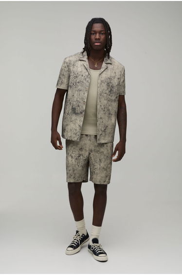 Relaxed Bleach Wash Textured Fit Shorts - taupe