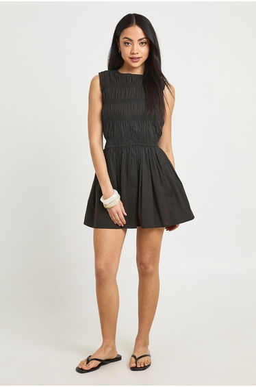 Cotton Poplin Shirred Mini Dress - black