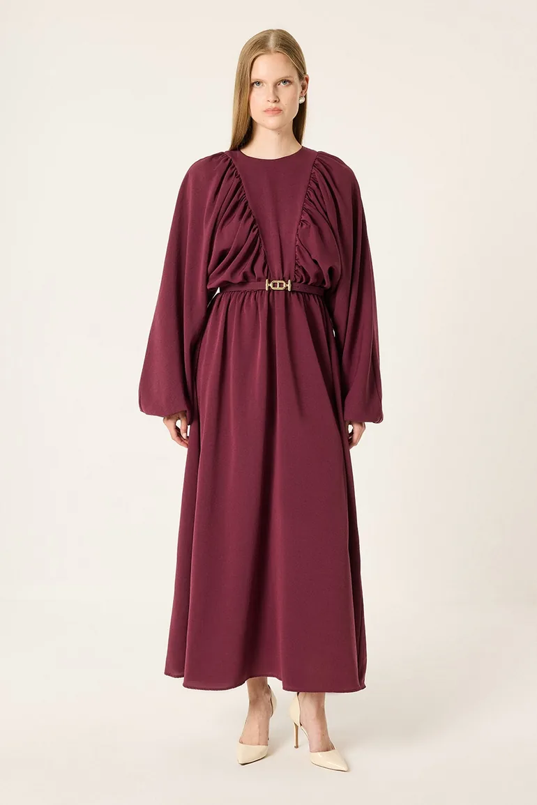BALLOON-SLEEVE CUP-NECK DRESS