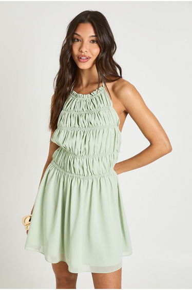 Chiffon Shirred Halterneck Mini Dress - sage