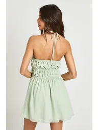 Chiffon Shirred Halterneck Mini Dress - sage - 1
