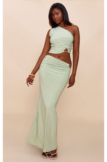 Mint Double Layer Slinky Trim Detail Maxi Skirt