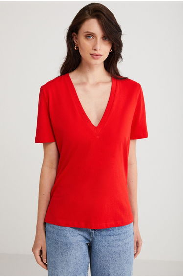 Alıne Women's 100% Organic Cotton Regular Fit Regular Fit V-Neck Basic Red T-Shirt