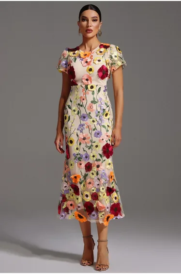 فستان شيفون ميداكسي بقصة ميرمايد بطبعة أزهار