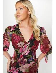 Debut London By Coast V Neck Blouson Sleeve Satin Midi Dress - black - 3