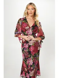 Debut London By Coast V Neck Blouson Sleeve Satin Midi Dress - black - 1