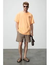 GRIMELANGE ALONZO Men's Oversize Fit 100% Cotton Embroidered and Printed Orange T-Shirt