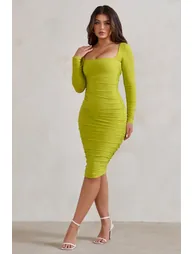 Seductress | Acid Lime Long Sleeve Square Neck Ruched Midi Dress