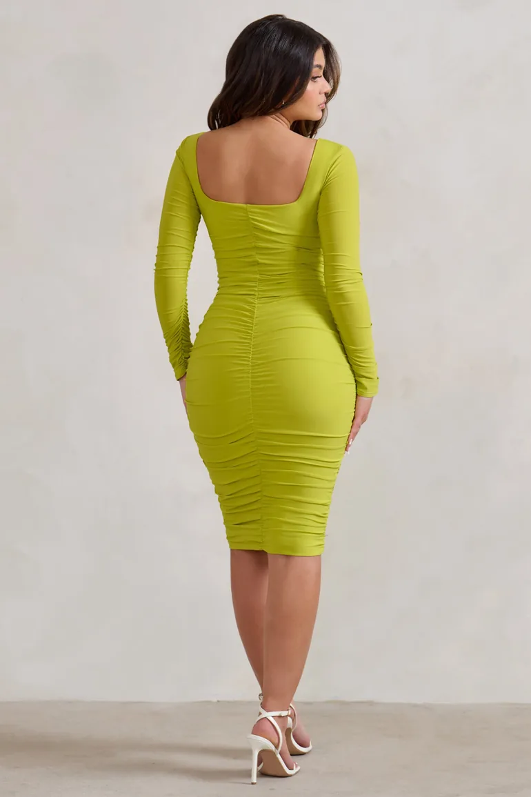 Seductress | Acid Lime Long Sleeve Square Neck Ruched Midi Dress - 1