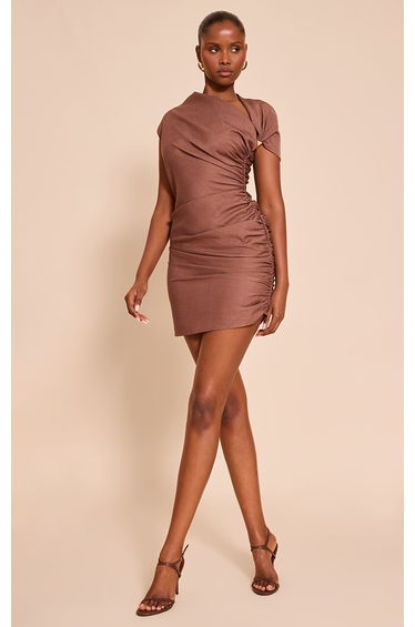Brown Woven Trim Detail Off The Shoulder Dress