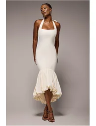 Halter Neck Puff Hem Mermaid Midaxi Dress - Cream by Goddiva