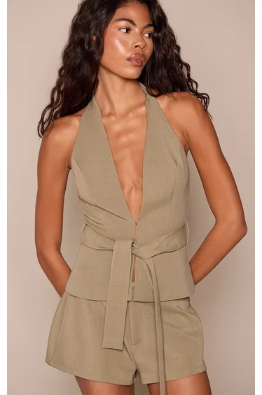Sage Tailored Plunge Belt Detail Waistcoat Co-ord