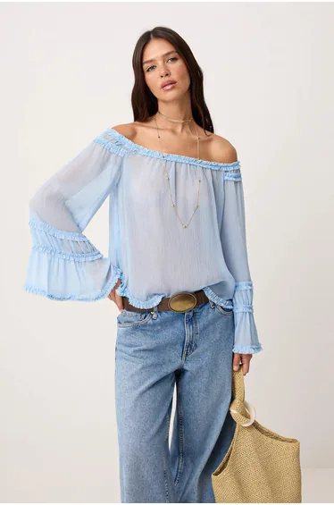 Light Blue Standard Size Ruffle Detail Transparent Woven Blouse