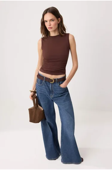 Brown Fitted/Bodycon Boat Neck Sleeveless Soft Knitted Blouse