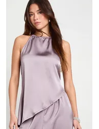 Halterneck Asymmetric Satin Cami & Trouser Co-ord - mauve - 3