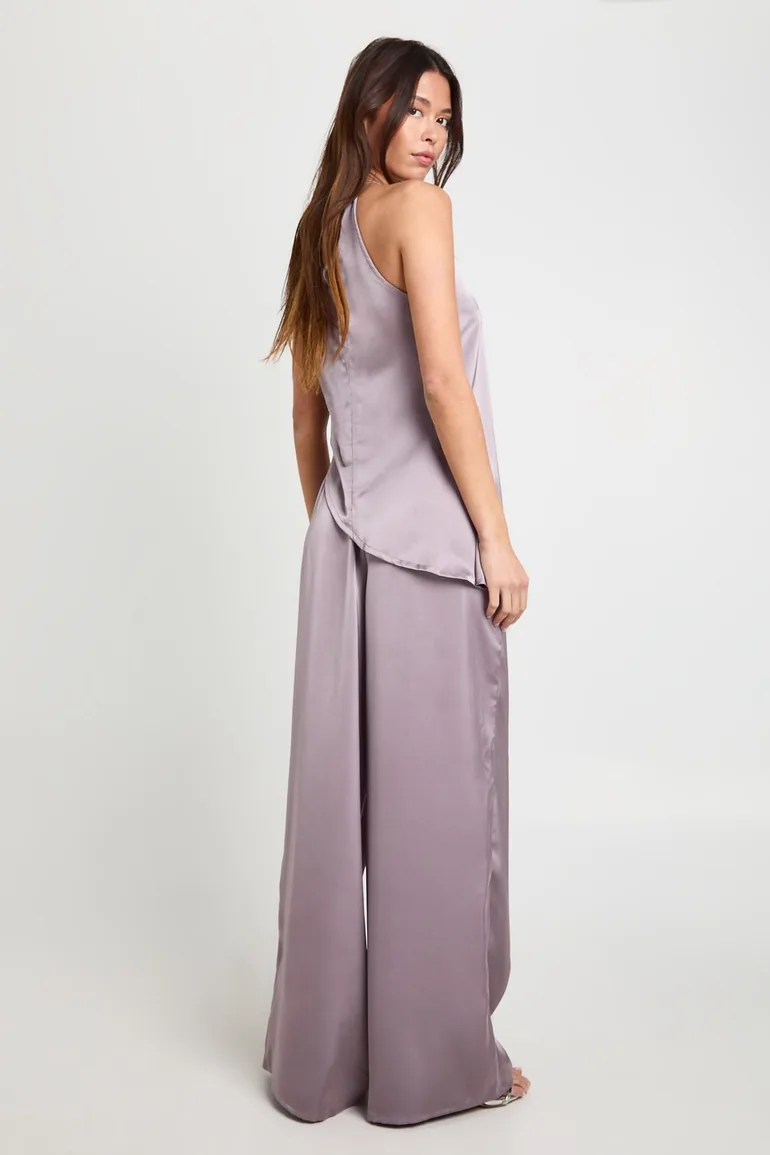 Halterneck Asymmetric Satin Cami & Trouser Co-ord - mauve - 1