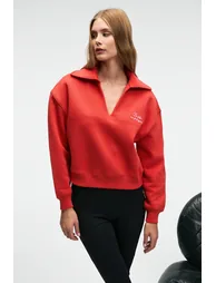 GRIMELANGE HANEL Women's V-Neck Embroidered Detail Regular Fit Red Sweatshirt - 3