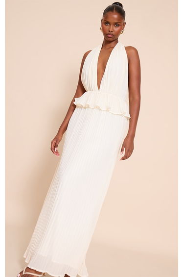 Butter Cream Plisse Halterneck Frill Detail Maxi Dress