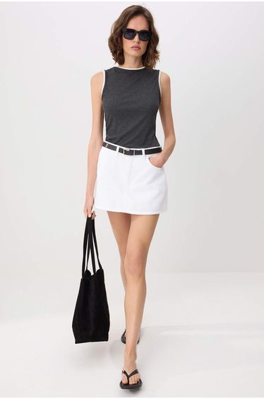 White Belt Detailed Denim Skirt with Skirt-Like Back Detail