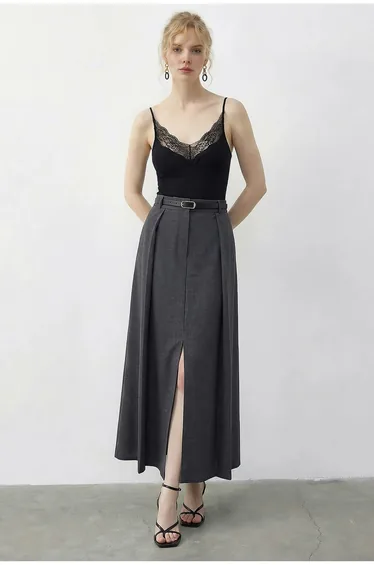 LUCCI High Waist Midi A-Line Skirt with Belt