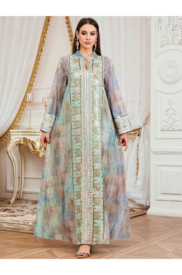 Women Sequin Embroidered Panel Notch Neck Jalabiya