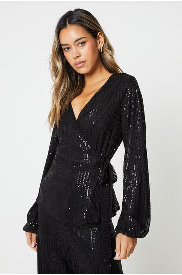 Sequin Tie Waist Wrap Top