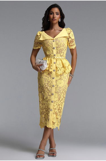 Quinn Elegant Cinched Short Sleeve Floral Lace Maxi Dress