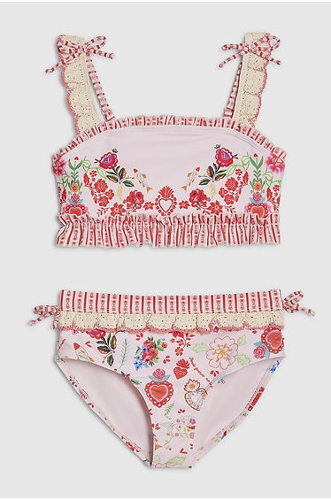 Girls Pink Floral Print Bikini Set