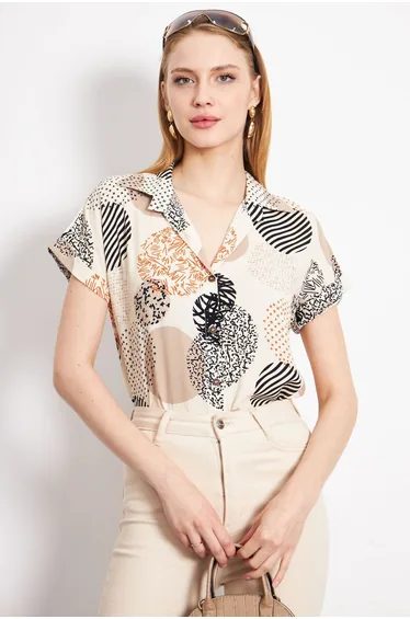 Women's Light Beige Patterned Short Sleeve Shirt