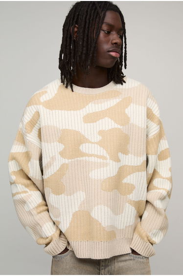Oversized Boxy Camo Knitted Jumper - grey