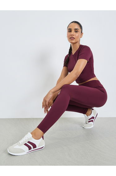 Burgundy Solid Crop Top and Broad Waistband Leggings Set