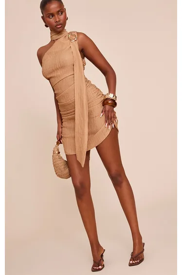 Sand Texture Scarf Detail Trim Mini Dress