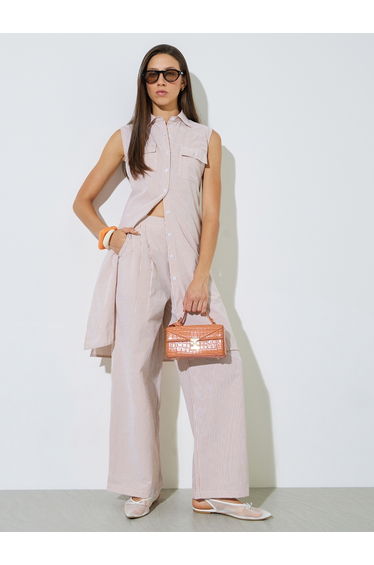 Beige Striped Wide Leg Trousers