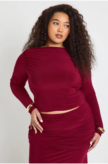Plus Ruched Detail Long Sleeve Top - berry