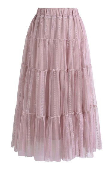 Textured Stripe Double-Layer Mesh Tulle Skirt in Pink for Wedding Guest Looks & Evening Events