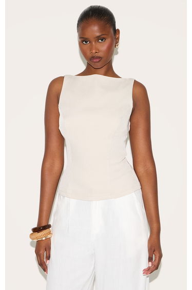 Cream Boatneck Button Back Long Top