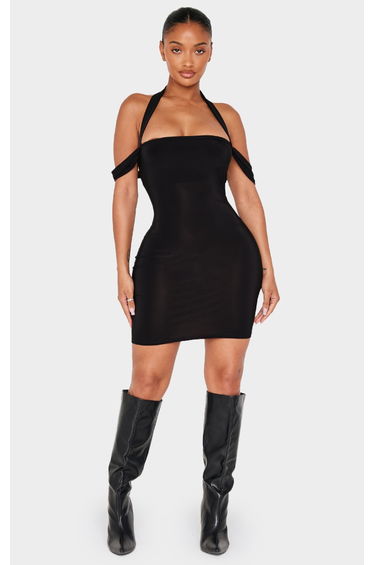 Shape Black Halter Neck Straight Neck Mini Dress