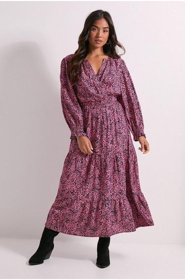 Petite Pink Animal Wrap Front Tiered Skirt Midaxi Dress