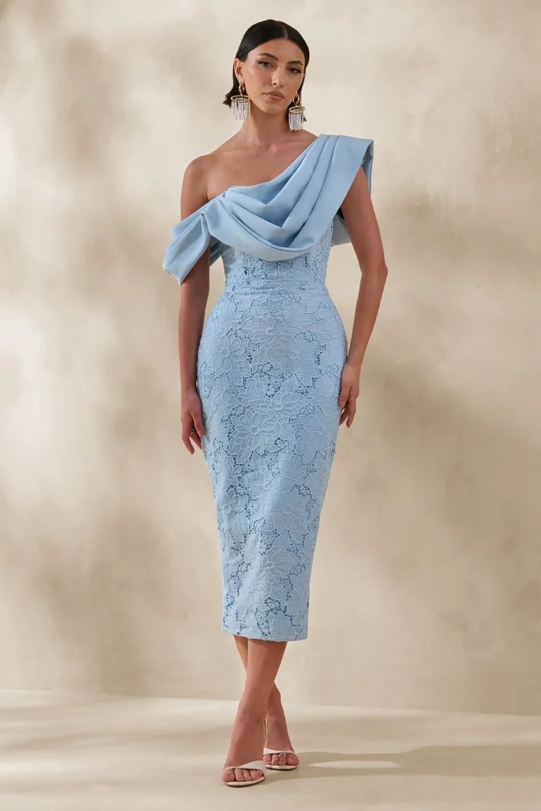 Loria | Powder Blue Lace Asymmetric-Neck Dress With Draped Detailing