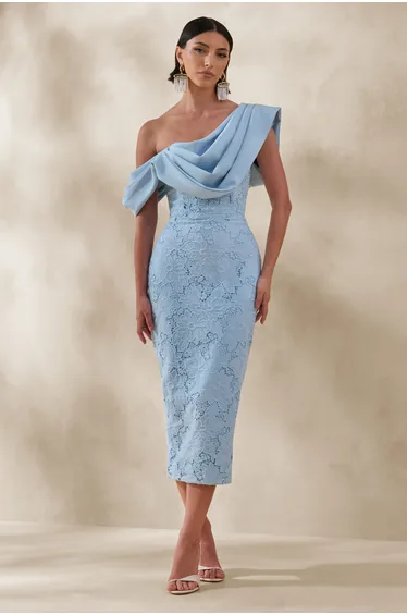 Loria | Powder Blue Lace Asymmetric-Neck Dress With Draped Detailing