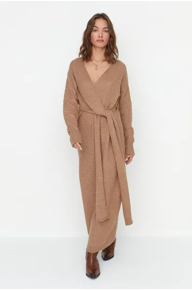 Brown Column Maxi Jumper Dress with Long Sleeves