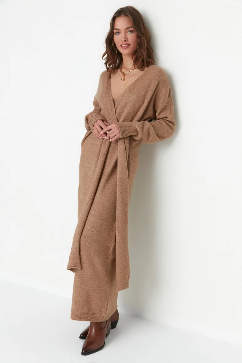 Shop Brown Column Maxi Jumper Dress with Long Sleeves Online in Oman