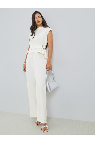 Beige Asymmetric Hem Top and Wide Leg Pants Co-Ords