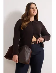 Wardrobe Essentials Brown Premium Yarn Polo Neck Knitwear Cardigan