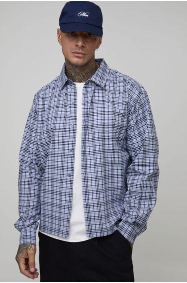 Tall Oversized Boxy Racing Embroidered Micro Check Shirt - blue